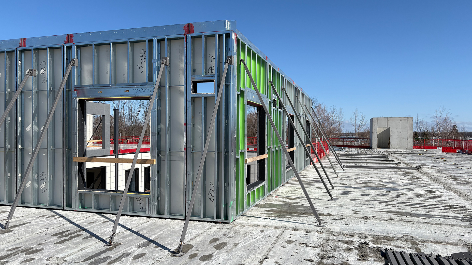 A photo from a construction site setting up the foundation of the Arcavia Long Term Care facility in Orillia Ontario, consulted by BlueGrid Engineering.