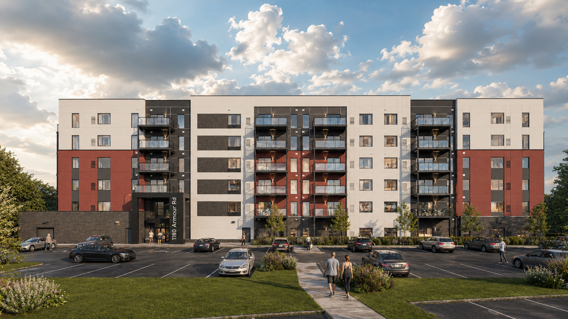 A structural 3D render of a 6-storey apartment complex in Peterborough Ontario, from BlueGrid Engineering.