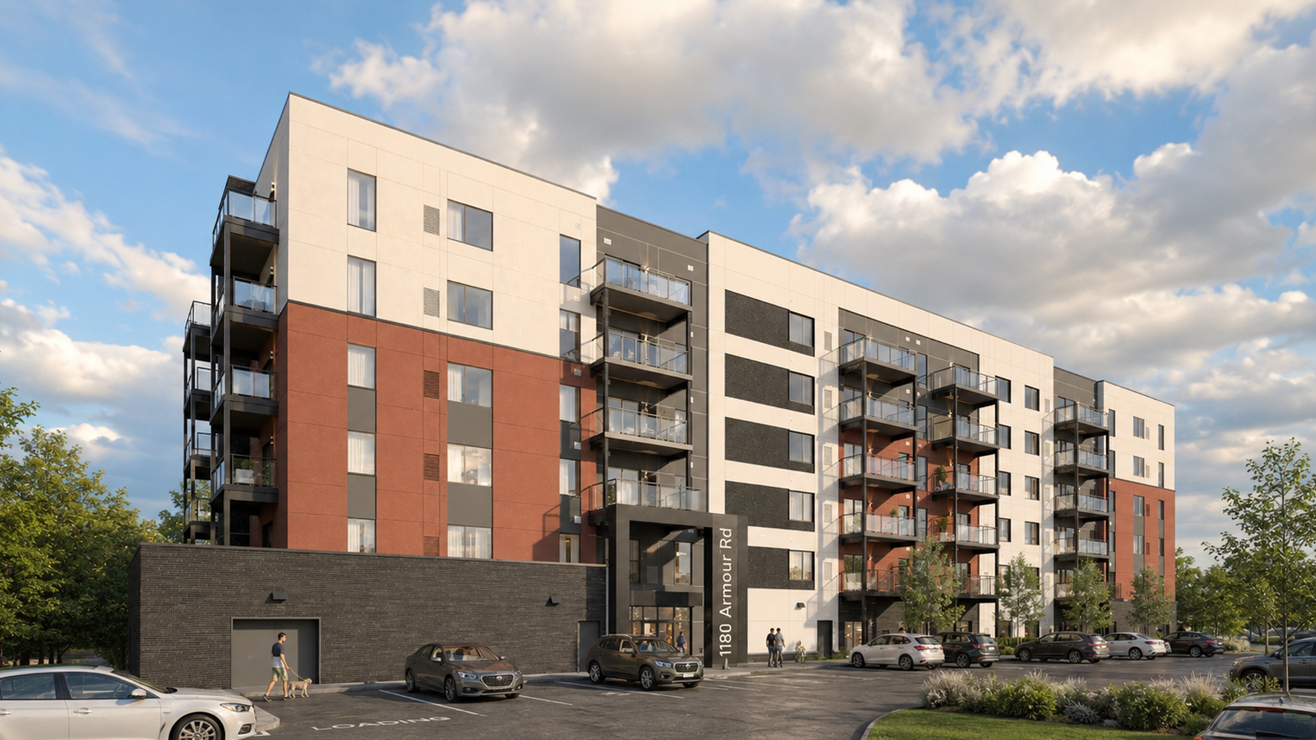 A structural 3D render of a 6-storey apartment complex in Peterborough Ontario, from BlueGrid Engineering.