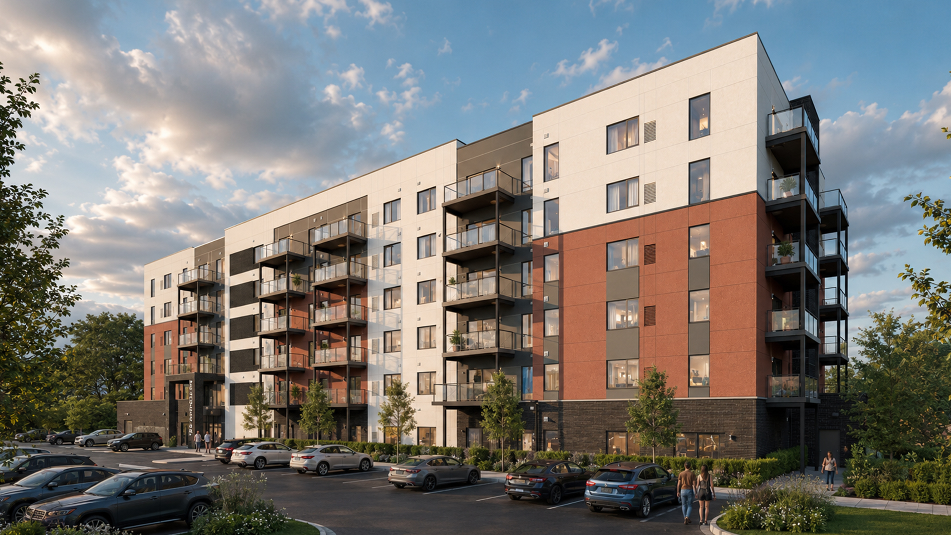 A structural 3D render of a 6-storey apartment complex in Peterborough Ontario, from BlueGrid Engineering.