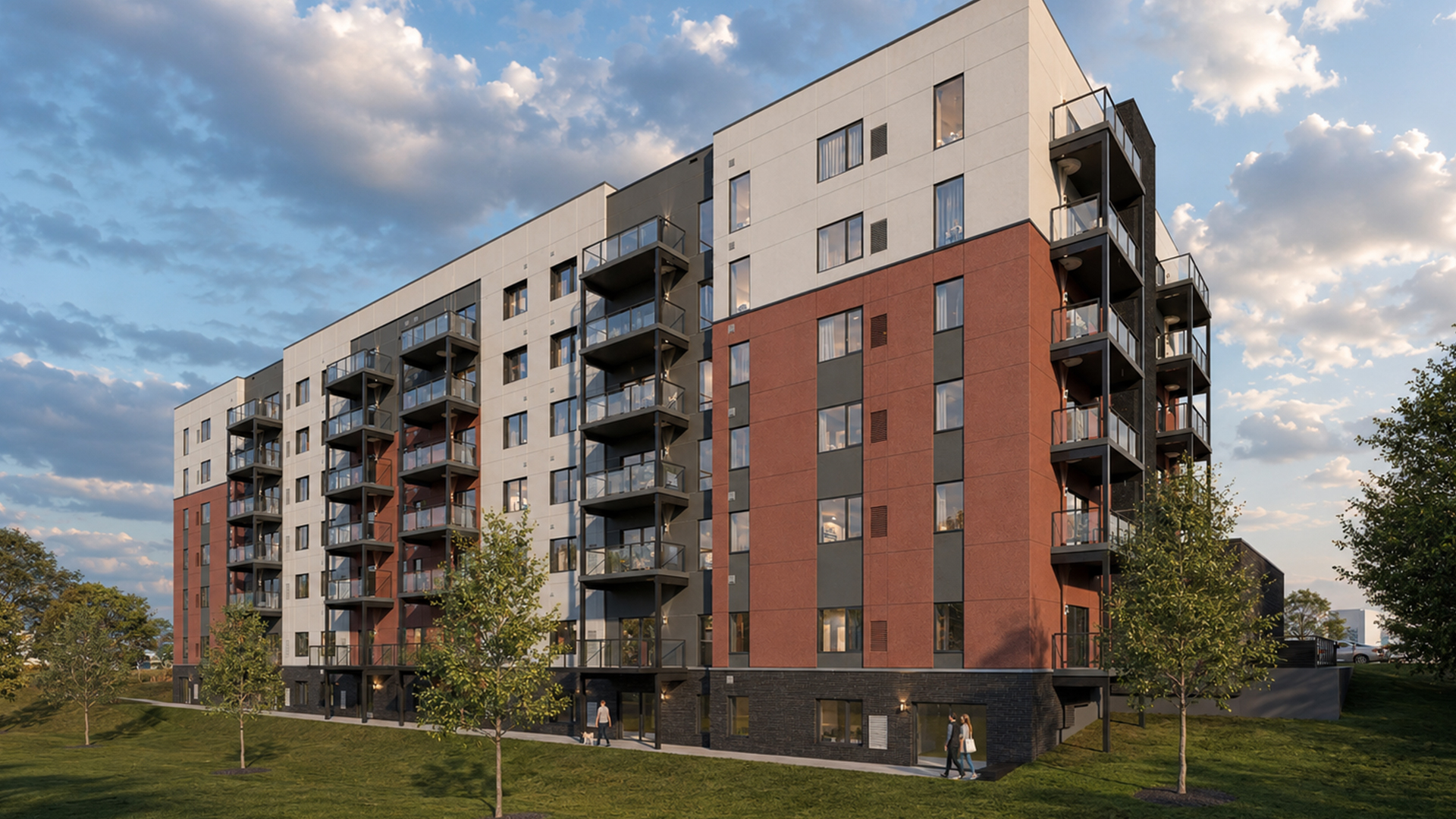 A structural 3D render of a 6-storey apartment complex in Peterborough Ontario, from BlueGrid Engineering.