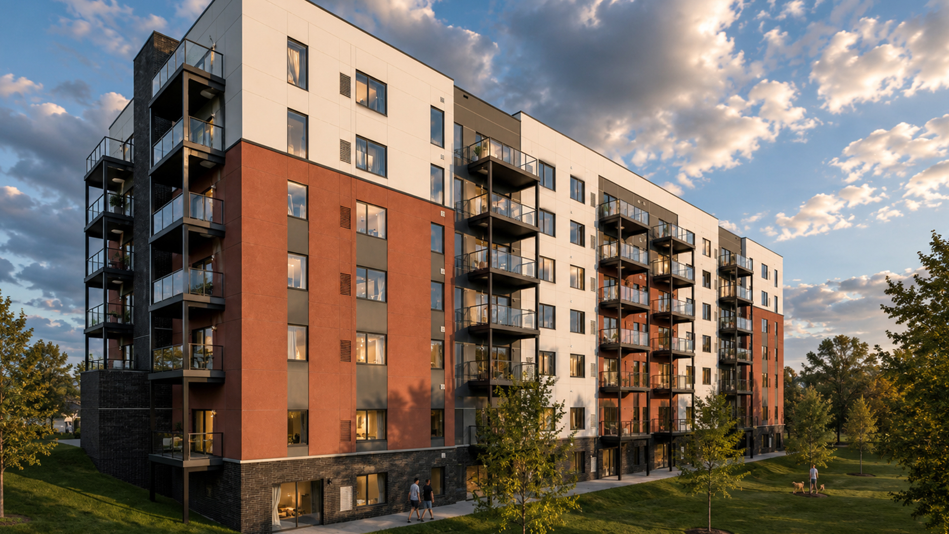 A structural 3D render of a 6-storey apartment complex in Peterborough Ontario, from BlueGrid Engineering.