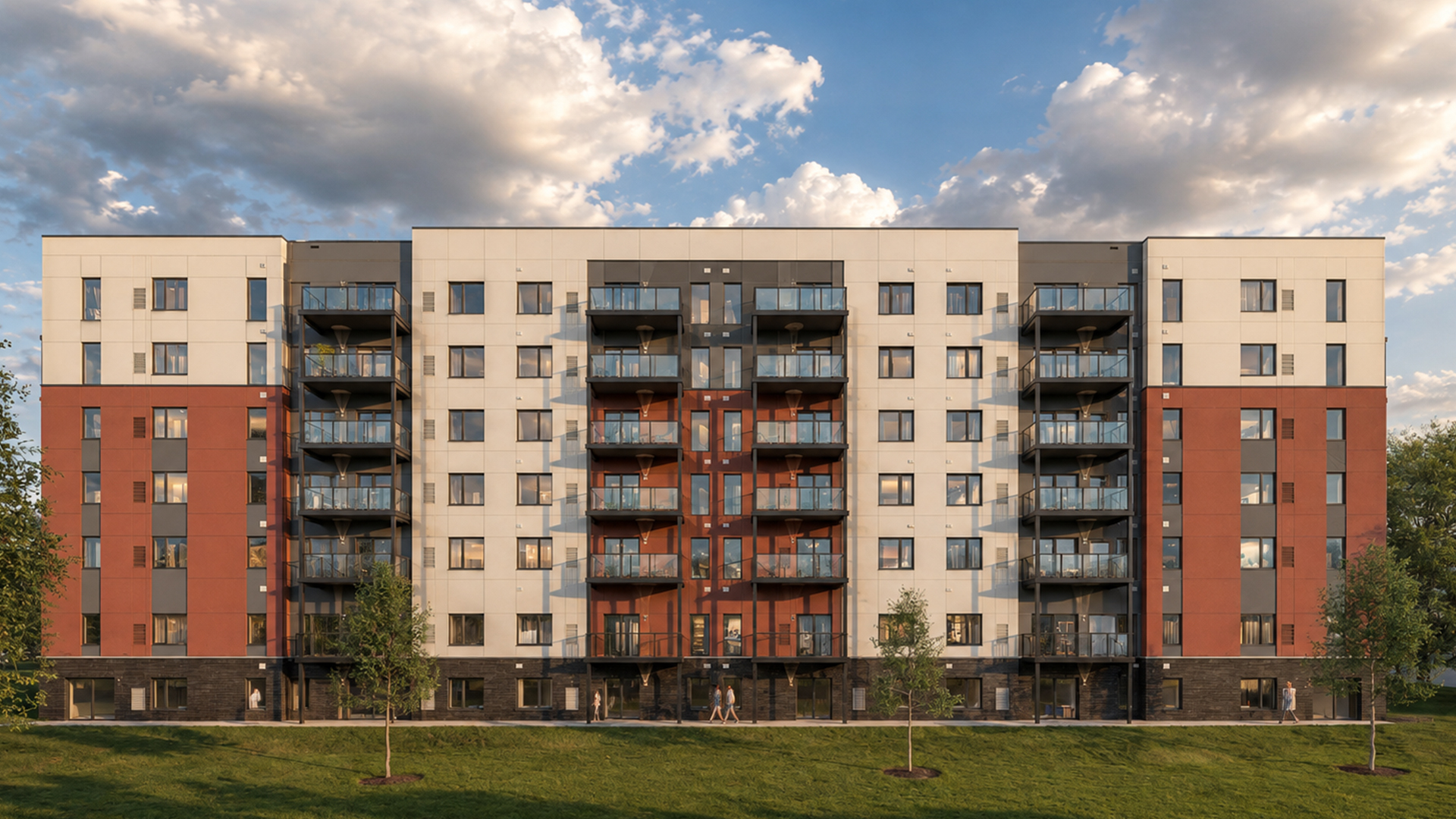 A structural 3D render of a 6-storey apartment complex in Peterborough Ontario, from BlueGrid Engineering.