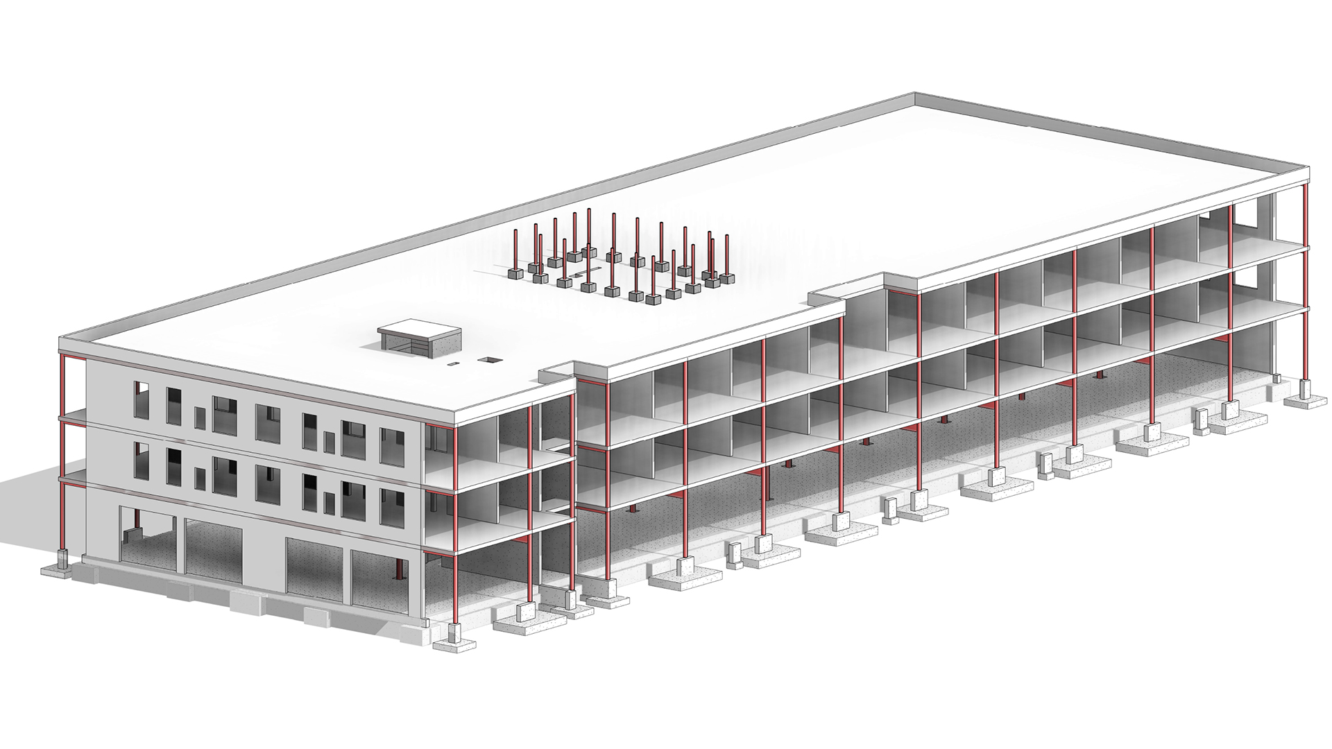A structural wireframe 3D render of a 3-storey project named Balm Beach in Midland Ontario