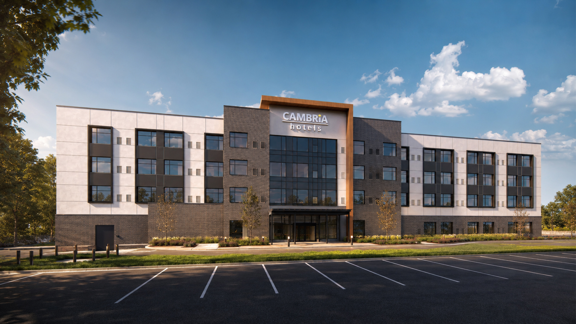 A structural 3D render of a 4-storey Cambria hotel in Thunder Bay, Ontario, from BlueGrid Engineering.