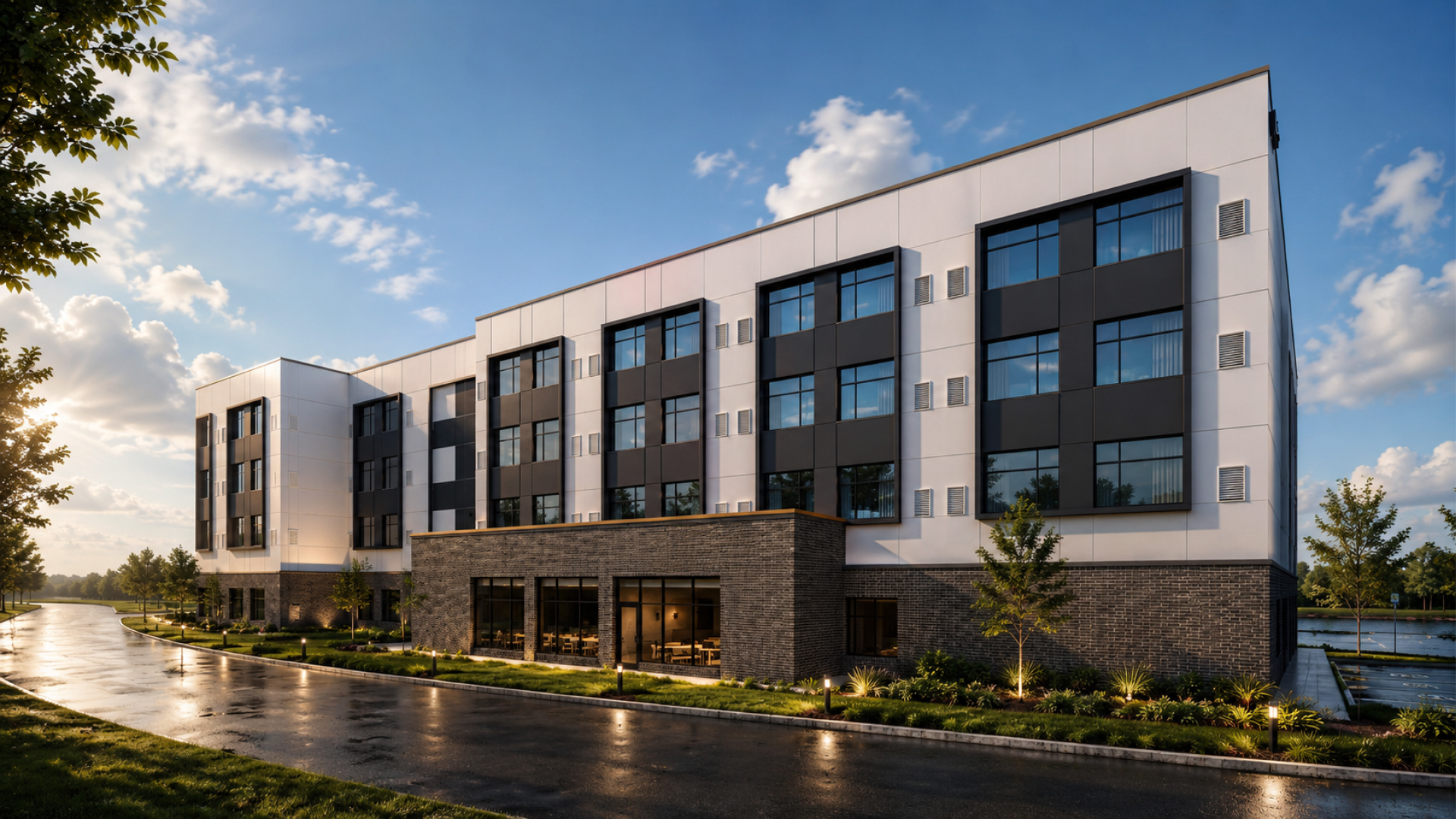 A structural 3D render of a 4-storey Cambria hotel in Thunder Bay, Ontario, from BlueGrid Engineering.