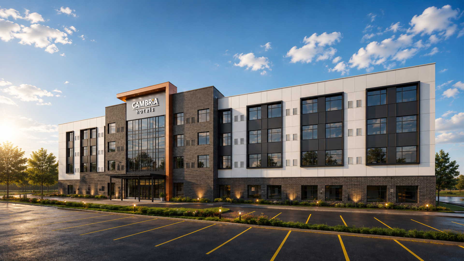 A structural 3D render of a 4-storey Cambria hotel in Thunder Bay, Ontario, from BlueGrid Engineering.