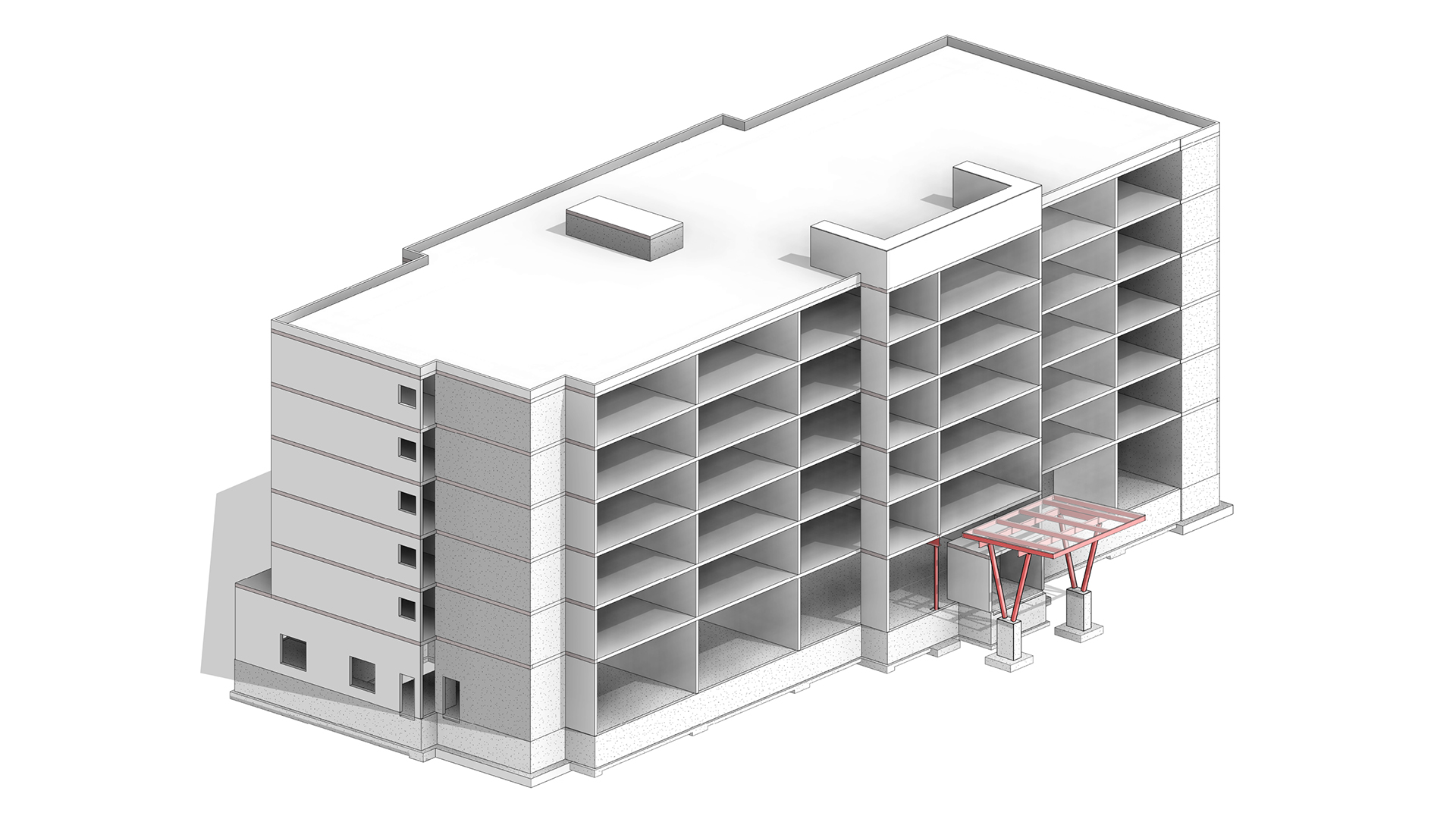 A structural wireframe 3D render of a Holiday Inn Express project in Thunder Bay, Ontario, from BlueGrid Engineering.